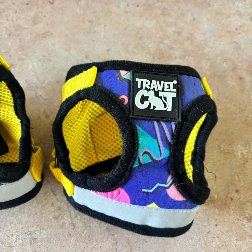 Two Harness and Leash Sets - Black, Yellow, and Multicolor